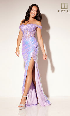 Woman in the Off-the-Shoulder Sequin Prom Dress: Lucci Lu 1308, a sparkly lavender gown with a thigh-high slit, silver heels, and long wavy hair, standing against a plain light-colored background.