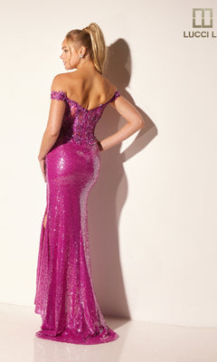 A woman models the Lucci Lu 1308, an off-the-shoulder, floor-length pink sequin prom dress with a slit, set against a plain background.