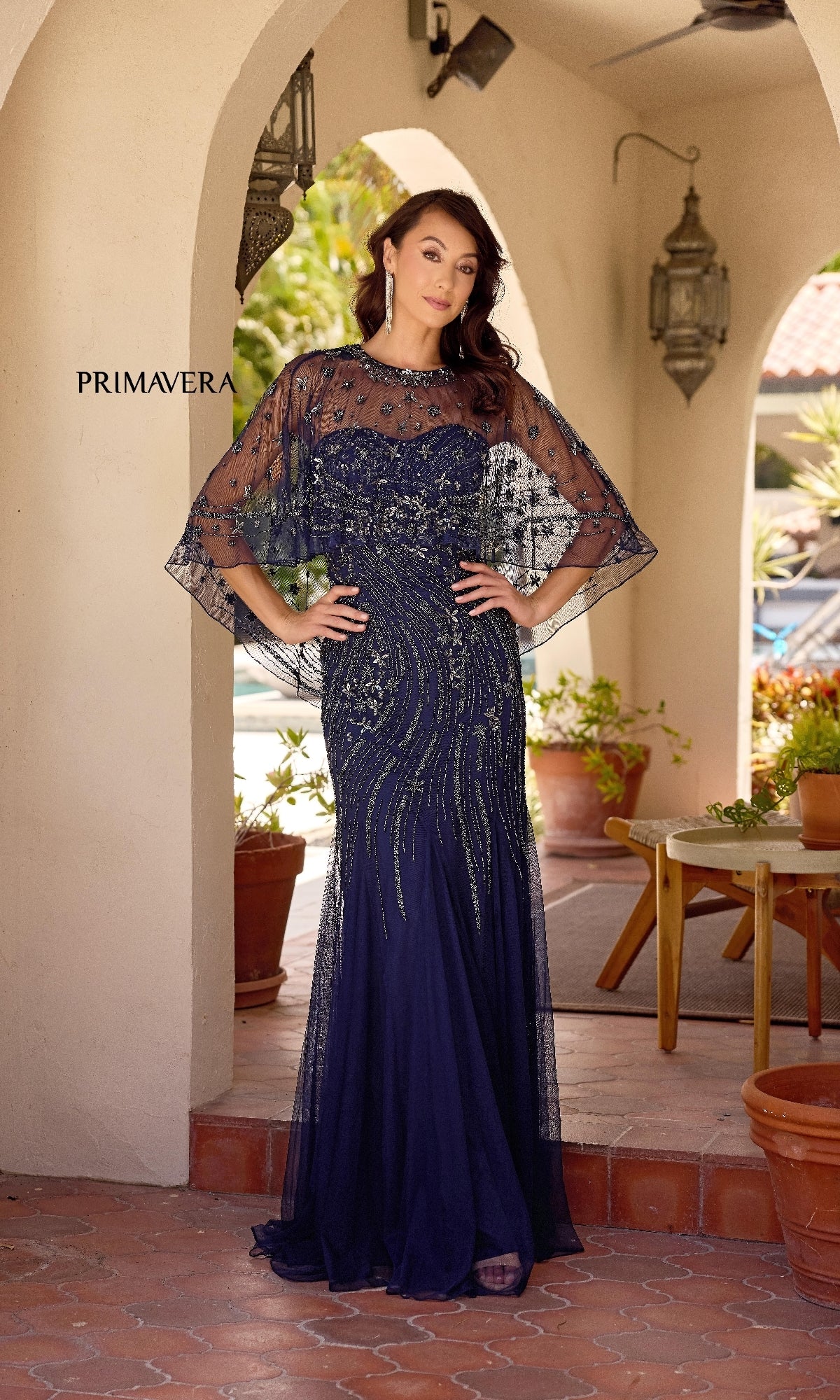 Strapless Long Beaded Formal Dress with Sheer Capelet Midnight / 8 Strapless Long Beaded Formal Dress with Sheer Capelet Midnight / 8
