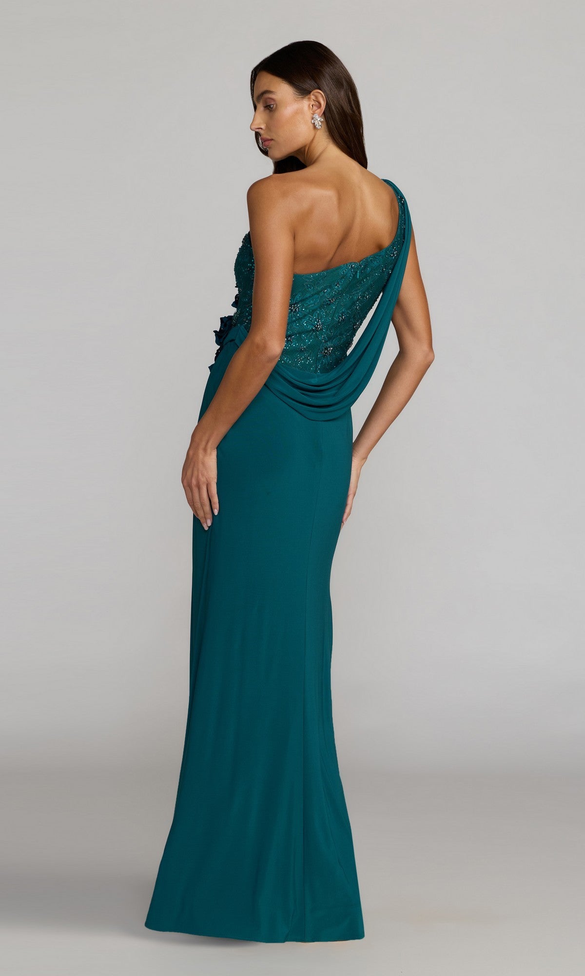 mac duggal one shoulder dress Black Draped Jersey Gown With 3D Flowers Apr-24 blue chiffon dress long printed chiffon fabric Color:Natural Blue