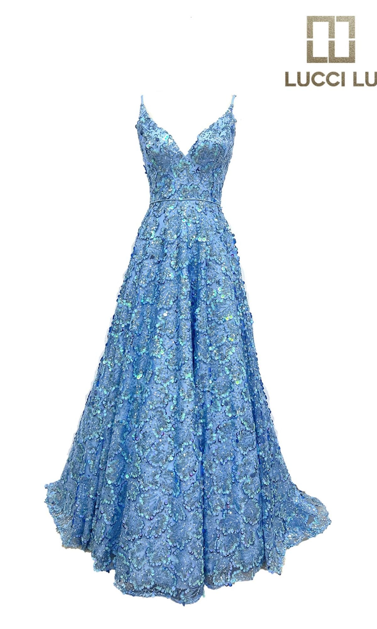 Light blue Lucci Lu 1325 long prom dress with pockets, sleeveless a-line design, deep V-neckline, fitted bodice, and full-length textured floral skirt; LUCCI LU logo in the top right corner.