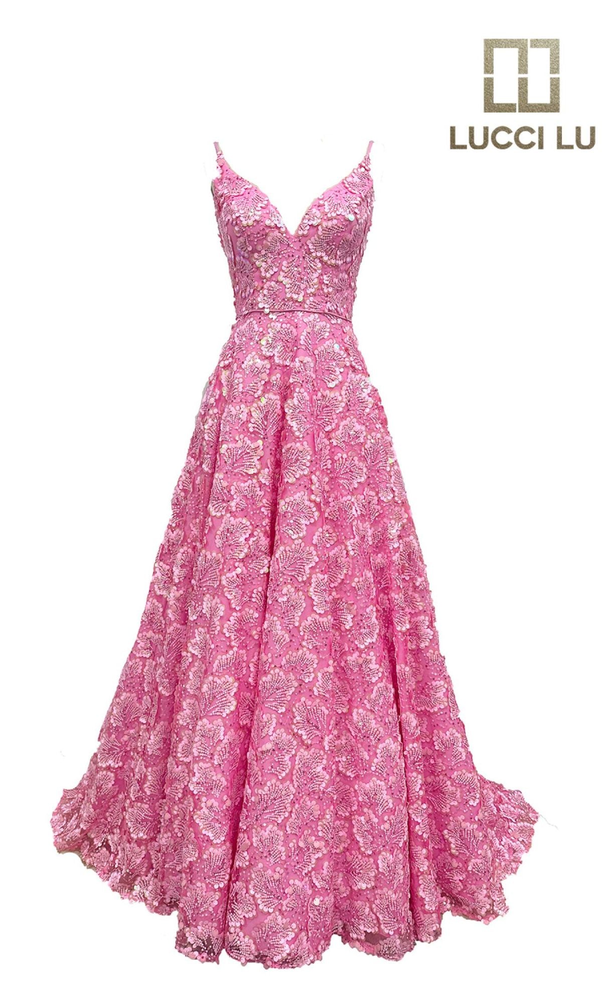 The Lucci Lu 1325 Long Prom Dress features a sleeveless pink lace A-line design with a V-neckline, flared skirt, lace-up back, and pockets, showcased under the LUCCI LU logo on a white background.