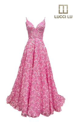 The Lucci Lu 1325 Long Prom Dress features a sleeveless pink lace A-line design with a V-neckline, flared skirt, lace-up back, and pockets, showcased under the LUCCI LU logo on a white background.
