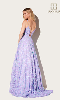 A woman in the Lucci Lu 1325 long prom dress with pockets, featuring a lavender color, spaghetti straps, embellished details, and a lace-up back stands against a plain light background with the Lucci Lu logo.