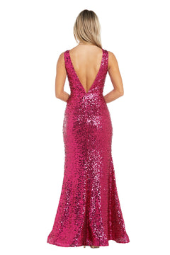 A woman faces away in the Morgan 13313 Long Sequin Prom Dress, featuring a magenta mermaid silhouette, floor-length hem, and deep V-back for an elegant look.