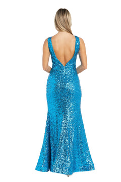 A woman faces away from the camera in the Morgan 13313, a sleeveless, floor-length sequin prom dress featuring a deep V-back and mermaid silhouette.