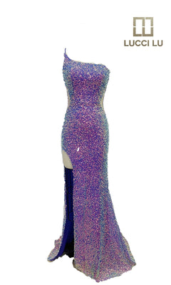 The Lucci Lu 1333 One-Shoulder Sequin Prom Dress is a shimmering purple gown with a side leg slit, shown on a dress form. The Lucci Lu logo appears in the top right corner.