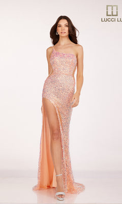 A woman models the Lucci Lu 1333 One-Shoulder Sequin Prom Dress in peach and silver, featuring a side leg slit, styled with white high-heeled sandals against a plain, light background.