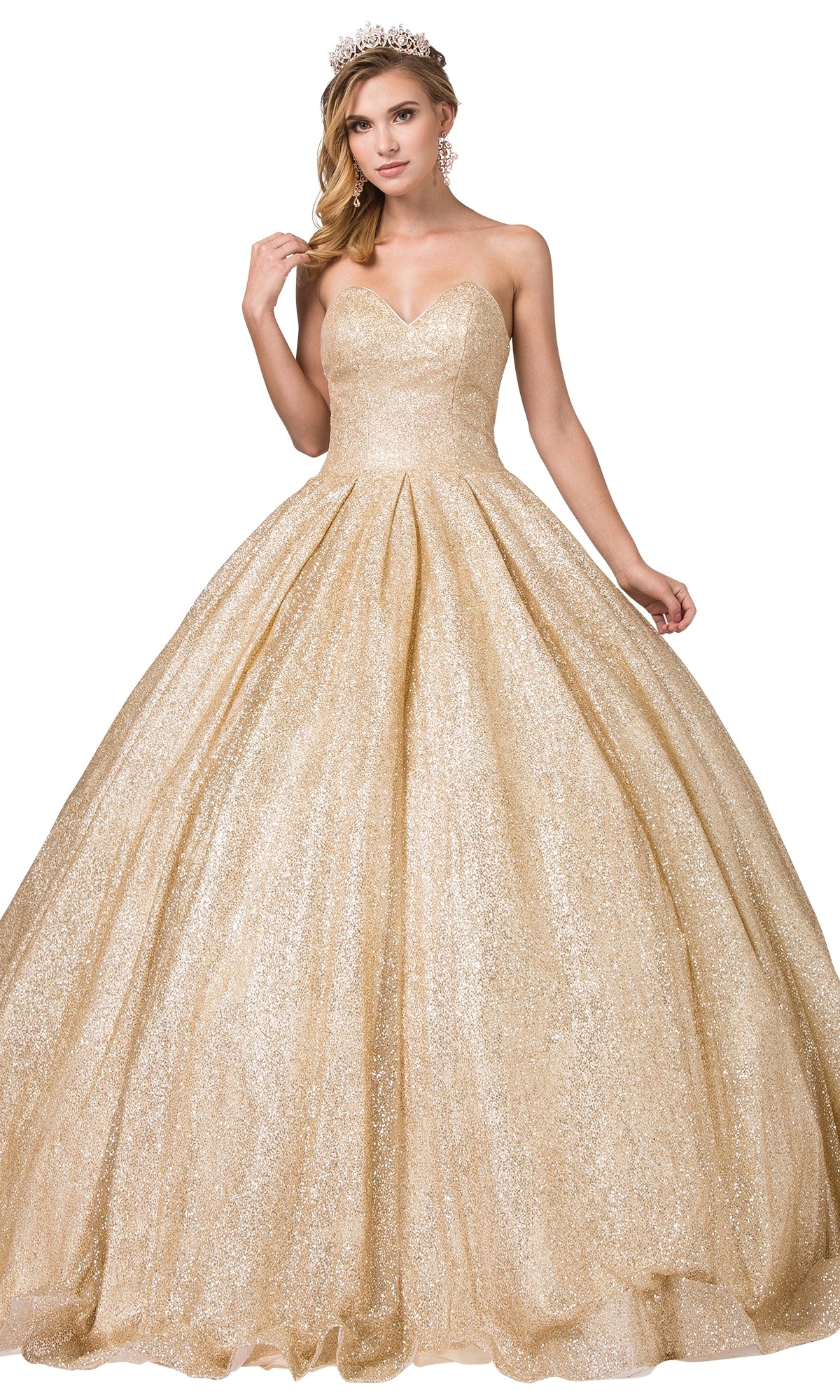 A woman wearing the Quinceanera Dress 1341 by Dancing Queen, featuring a gold strapless sweetheart neckline and full ball gown skirt with a tiara, stands against a white background.