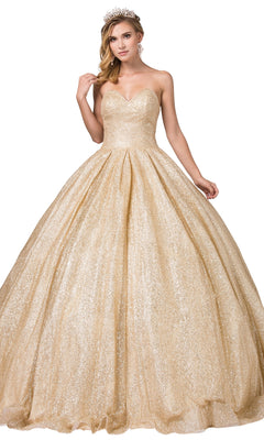 A woman wearing the Quinceanera Dress 1341 by Dancing Queen, featuring a gold strapless sweetheart neckline and full ball gown skirt with a tiara, stands against a white background.