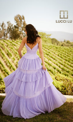 Tiered Ruffled Glitter Prom Dress: Lucci Lu 1357 Lilac / 24