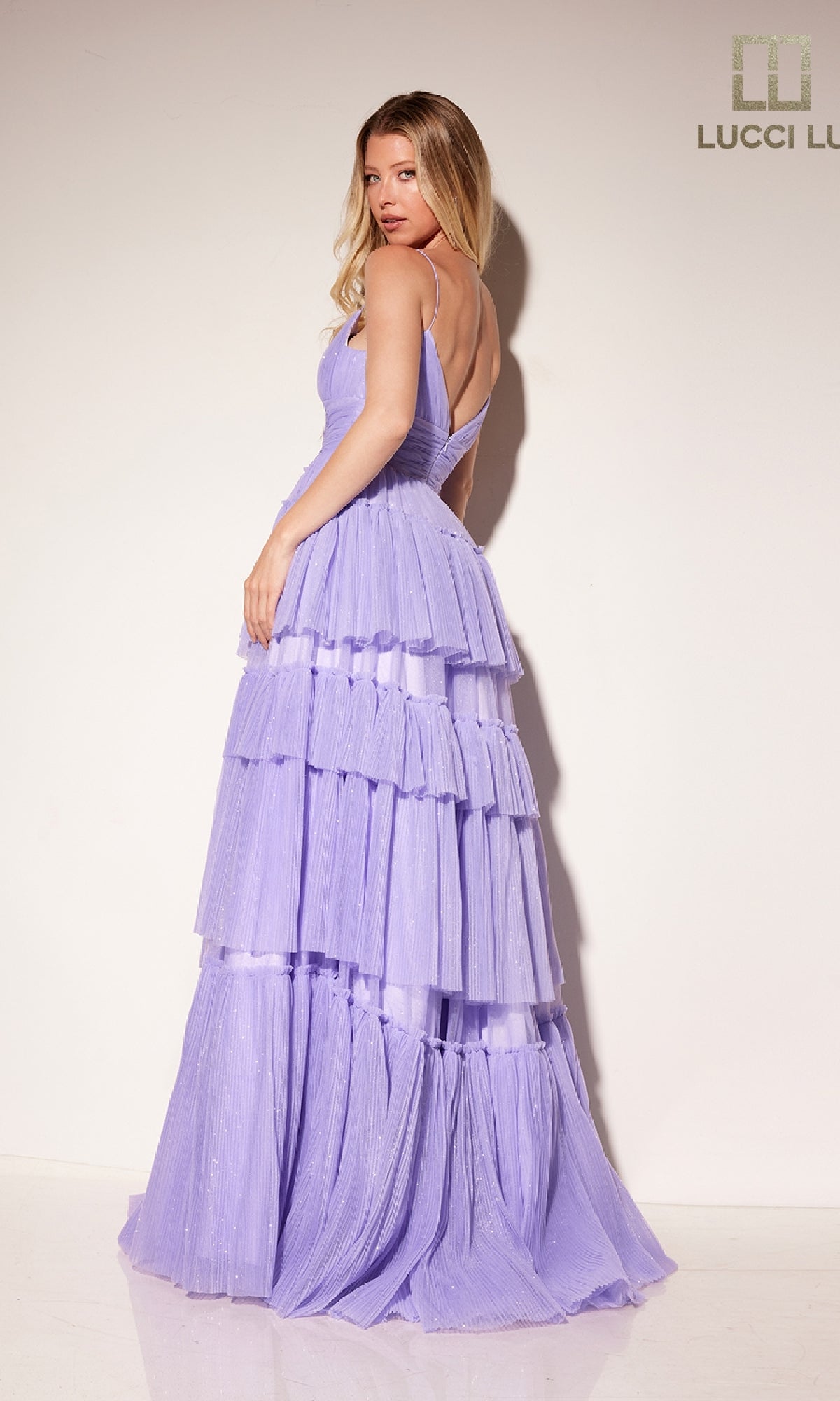 Open-Back Tiered Ruffled A-Line Glitter Prom Dress