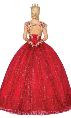 A woman with blonde hair in an updo wears the Quinceanera Dress 1397 by Dancing Queen, a red a-line ball gown with gold detailing and cap sleeves, crowned in gold and facing away from the camera.