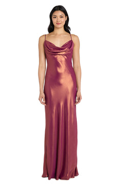 A woman stands facing forward, wearing the Morgan 14010 Cowl-Neck Long Satin Formal Dress—a shiny, sleeveless maroon gown with thin straps and a draped neckline.
