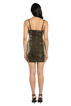 A woman faces away, wearing the Morgan 14061 Cheetah Print Short Party Dress with adjustable spaghetti straps and black high-heeled sandals.