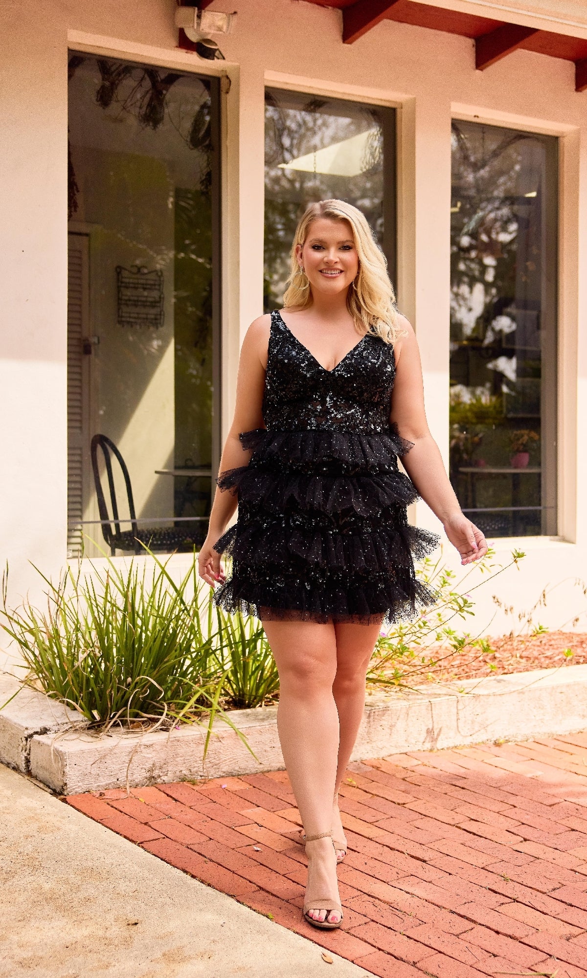 Short Beaded Plus-Size Homecoming Dress with Ruffles Black / 24W Short Beaded Plus-Size Homecoming Dress with Ruffles Black / 24W