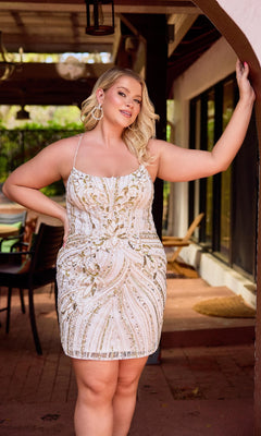 A woman in the Plus-Size Mini Beaded Hoco Dress: Primavera 14093 poses confidently outdoors, resting one arm on a wooden post.