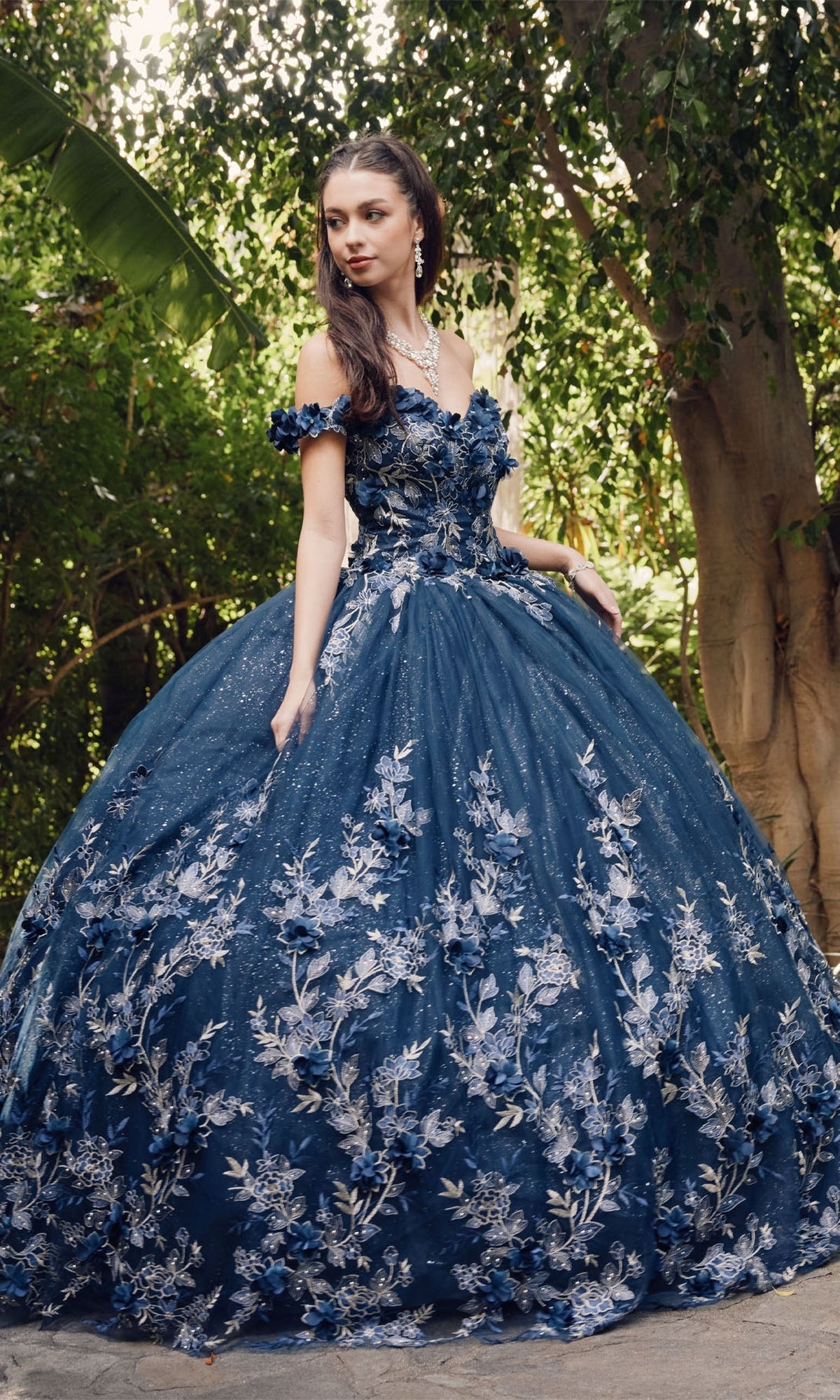 Off-the-Shoulder Glitter Quince Ball Gown - PromGirl