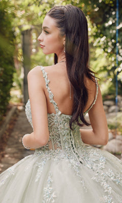 A woman with long dark hair models the Quinceanera Dress By Juliet JT1450J, an ornate, light-colored ball gown with floral embellishments and a sweetheart neckline, standing outdoors with her back turned.
