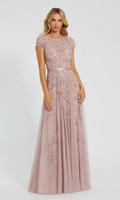 A woman wearing a floor-length, sky blue Mac Duggal 14521 formal dress stands against a plain light background.