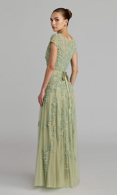 Woman wearing the Cap-Sleeve Long Formal Dress: Mac Duggal 14521 in light green, featuring a sheer embroidered overlay and cap sleeves, standing and looking over her shoulder.