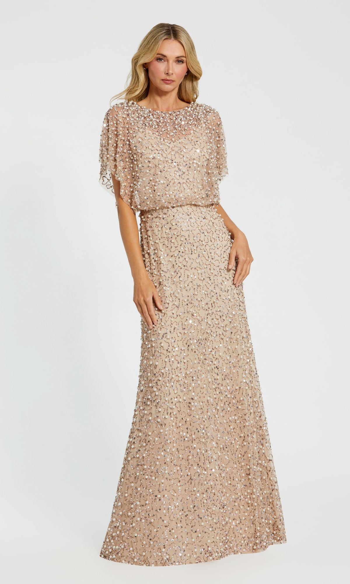 Mac Duggal Women's Beaded Sequin Shawl Gown - Beige Gold - Size 14 Mac Duggal Women's Beaded Sequin Shawl Gown - Beige Gold - Size 14