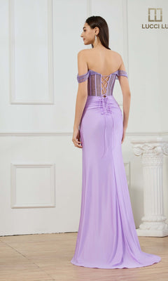 A woman stands facing away in an elegant white room, wearing the Lucci Lu 1466 long prom dress: a lavender off-the-shoulder gown with a fitted corset bodice and lace-up back detailing.