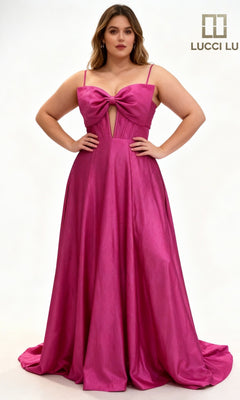 A woman models the Lucci Lu 1477, a sleeveless, floor-length fuchsia satin prom dress with a corset bodice and large bow, standing against a plain background. The Lucci Lu logo appears in the top right corner.