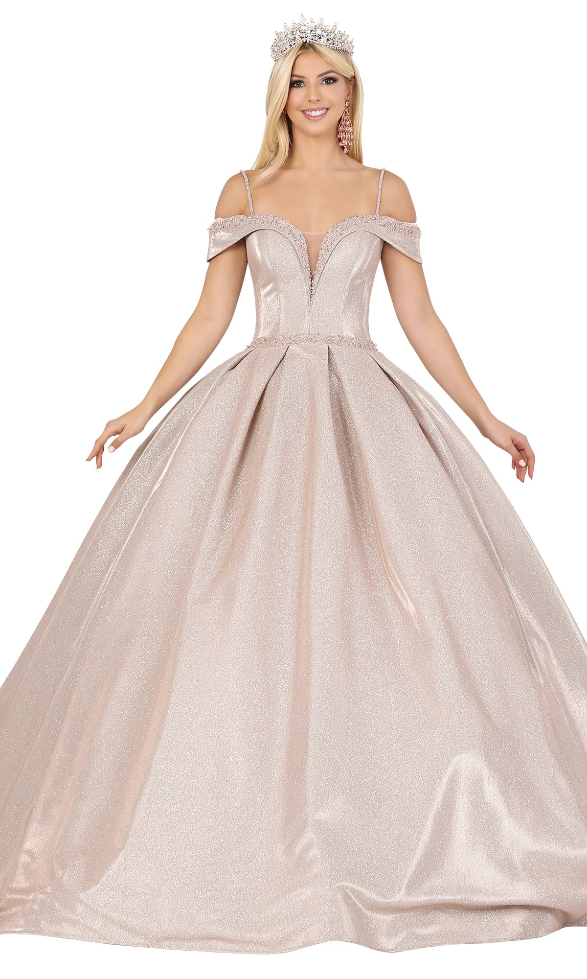 A woman in an off-the-shoulder, A-line Quinceanera Dress 1506 by Dancing Queen.