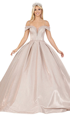 A woman in an off-the-shoulder, A-line Quinceanera Dress 1506 by Dancing Queen.