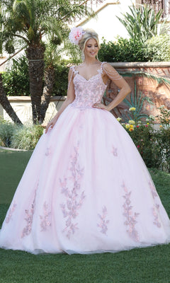 A woman stands outdoors in the Quinceanera Dress 1546 by Dancing Queen, a light pink ball gown with floral appliqués, sweetheart neckline, beaded draped shoulder straps, and a large matching hairpiece.