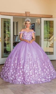 A woman in the Quinceanera Dress 1569 by Dancing Queen, featuring an a-line silhouette, rose details, and off-the-shoulder straps with a tiara, stands in front of open double doors.