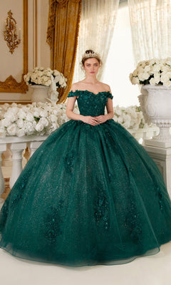 A woman wearing the Ladivine 15702 Quinceañera Dress with 3-D Flowers and a tiara stands in an ornate room adorned with white floral arrangements and classical decor.