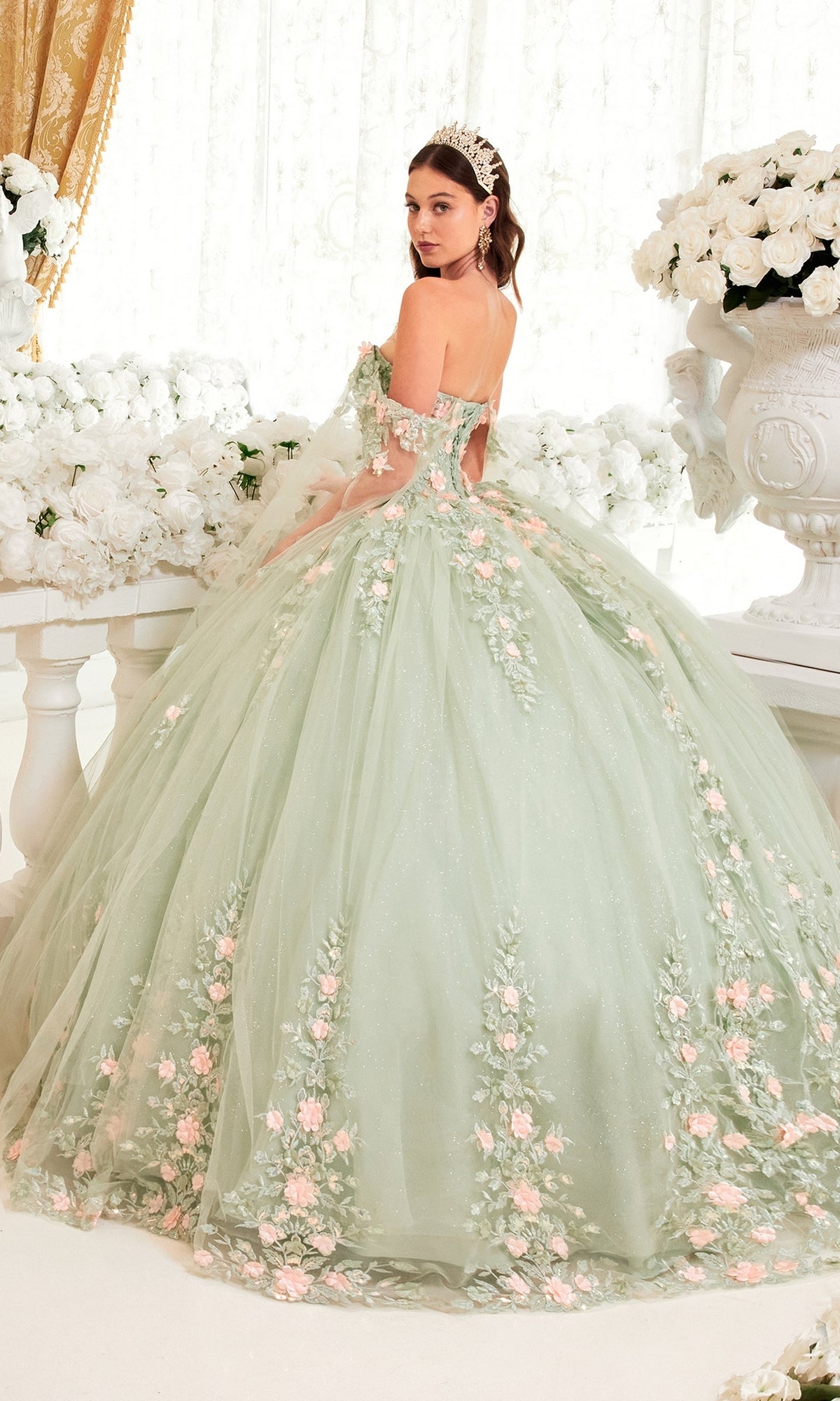 Green Quinceanera Dress with Cape Sleeves - PromGirl Sage / Medium Green Quinceanera Dress with Cape Sleeves - PromGirl Sage / Medium