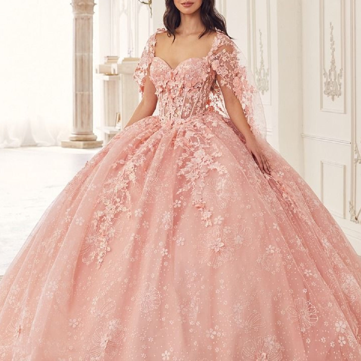 Ladivine 15722 Long Poofy A-Line Quinceanera Dress with Puffy Sleeves