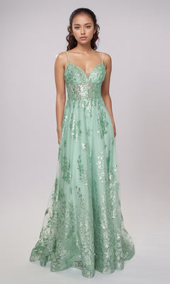 A woman wears the Long Formal Dress: Nina Canacci 1589—mint green, floor-length, sleeveless, with an embellished bodice and silver floral sequins—standing against a plain light gray background.