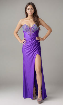 A woman wears the Nina Canacci 1608 long formal dress in purple, featuring a strapless, form-fitting design with beaded bodice detailing, a thigh-high slit, and high-heeled sandals.