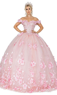 A woman poses with hands on hips in the Quinceanera Dress 1613 by Dancing Queen, a pink off-the-shoulder ball gown featuring floral appliqués and a tiara, set against a white background.