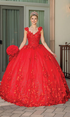 Woman in the Quinceanera Dress 1613 By Dancing Queen, a bright red off-shoulder ball gown with floral embellishments, wears a tiara and holds red roses while standing outdoors by a window and railing.