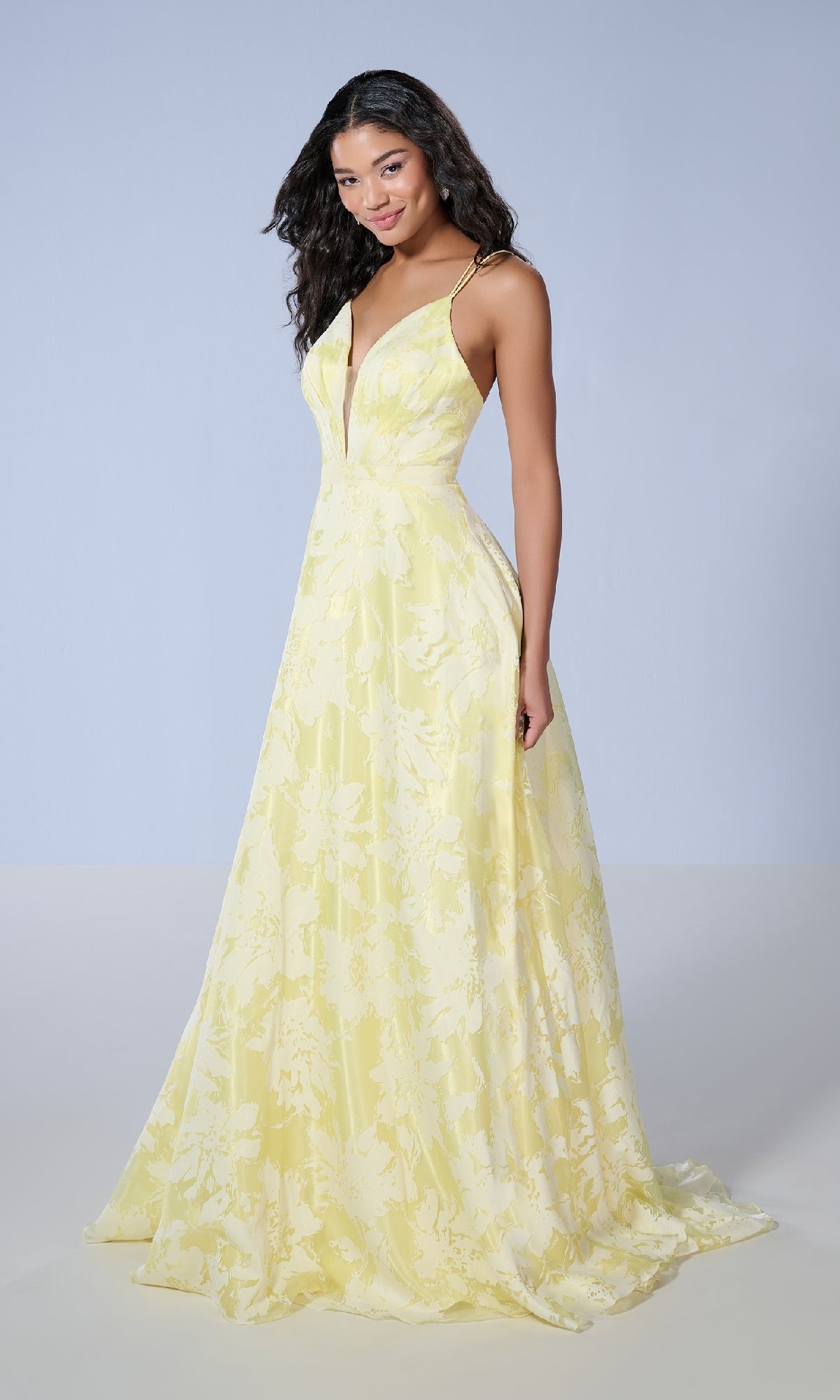 open lace back dress Wedtrend Women Daffodil Formal Dress with Slit Mermaid V Neck Ruffle Long Wedding Party Dress, Daffodil / US16 main image 0