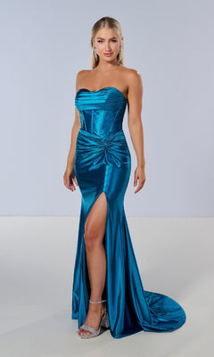 A woman models the Tiffany 16180, a strapless turquoise satin long prom dress with a fitted corset bodice and thigh-high slit, against a plain light background.