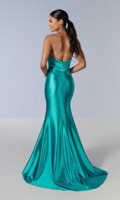 A woman faces away, modeling the Tiffany 16182 long prom dress in shiny teal with a strapless fitted bodice and flared train, set against a plain light background.