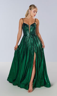 A woman models the Long Prom Dress: Tiffany 16189—an emerald green metallic pleated gown with thin straps, a deep V neckline, and a high slit—against a plain light background.