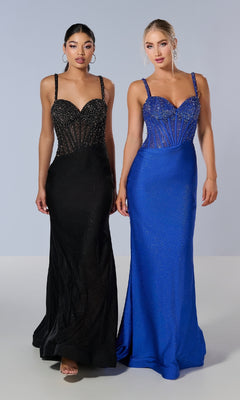 Two women stand side by side in floor-length evening gowns. One wears the Long Prom Dress: Tiffany 16195, a dazzling blue bodycon glitter prom dress with a lace-up back; both dresses have fitted bodices with decorative details and spaghetti straps.