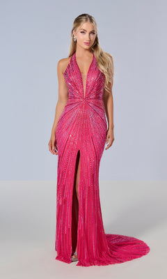 A woman wears the Tiffany 16205 Long Prom Dress, a bright pink floor-length halter gown with sparkling embellishments, plunging neckline, beaded prom design, and front slit against a plain light background.