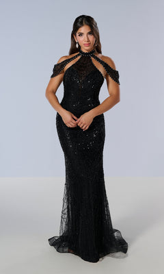A woman models the Tiffany 16207 Long Prom Dress, featuring beaded embellishments and off-the-shoulder straps, against a plain light background.