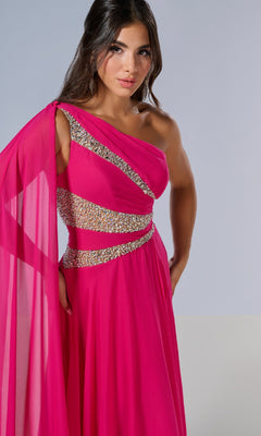 A woman wears the Tiffany 16217 long prom dress, a bright pink one-shoulder gown with sparkling sequin embellishments and a sheer matching drape, standing against a neutral background.