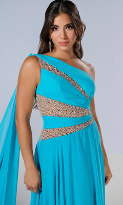 A woman models the Tiffany 16217 long prom dress in bright blue, featuring a one-shoulder design, beaded embellishments, and sheer panel details, standing against a neutral background.
