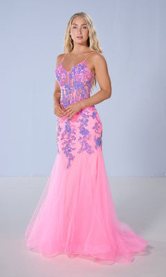 A woman poses against a light blue background in the Tiffany 16240 long prom dress—a floor-length pink mermaid gown with blue floral sequin appliqué and thin straps, capturing classic Tiffany Designs glamour.