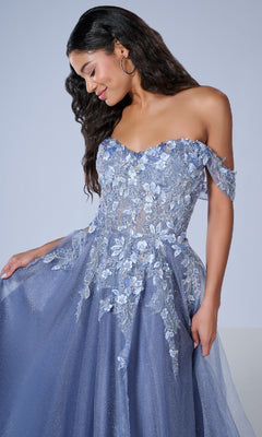 senior prom dresses V Neck Baby Blue Lace Long Senior Prom Dress With Applique Tulle Vinta –  SELINADRESS main image 1